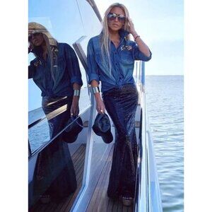 Calypso St Barth Sequin Maxi Skirt Silk Long Party Special Occasion Black XS